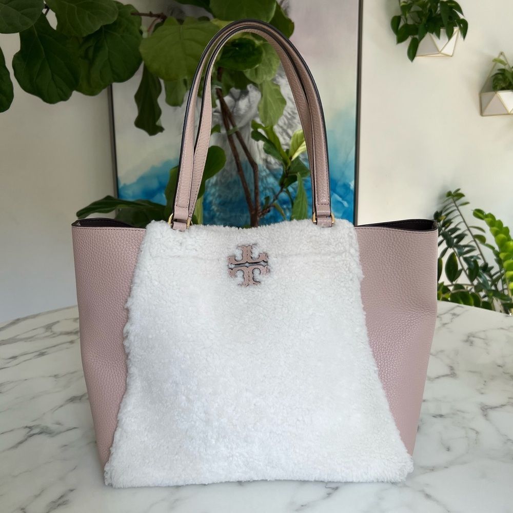 Tory Burch Mcgraw Shearling Fleece Fur & Leather Tote Bag Sand Beige Pink Ivory